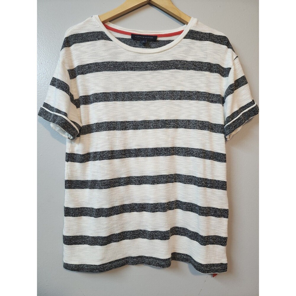 Tommy Hilfiger - T- Shirt - Woman's Medium - Striped - White & Black Hip Zipper